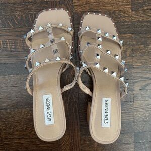 Steve Madden |  Size 8 | Women's Studded Sandals with block heel |Nude & silver